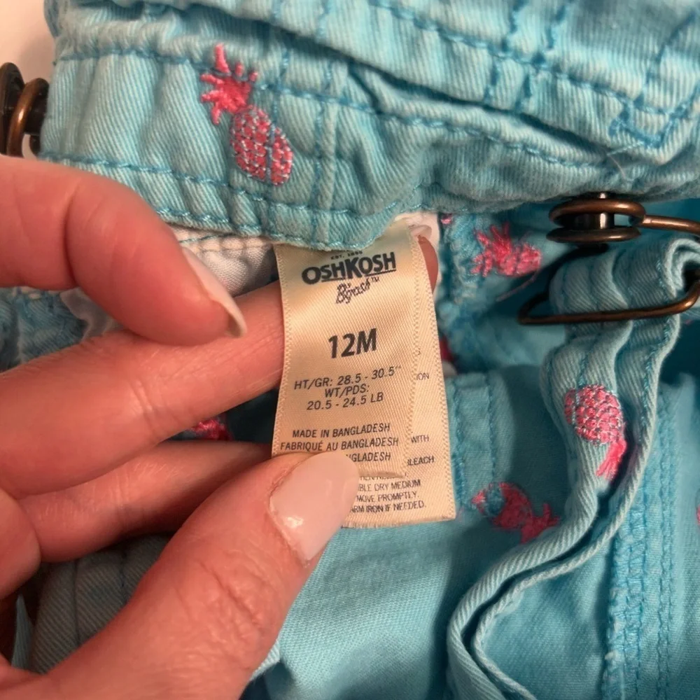 OshKosh B'gosh Kids Blue Overalls with Pink pineapples, size 12 months